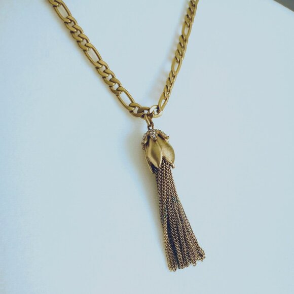 J. Crew Gold Flower Bud and Chain Tassel Necklace, NWT - Picture 2 of 6